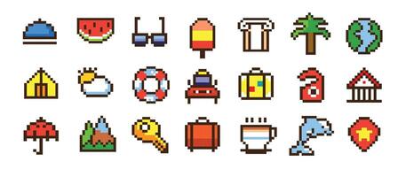 Pixel travel icons set with colorful symbols of tourism and vacation destinations in a minimalistic styleand isolated on a white background vector