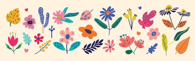 Collection of colorful spring flower elements in format. A set of hand-drawn wildflowers on a beige background. Perfect for decoration, Easter designs, stickers, clipart, and prints vector