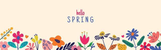 Hello Spring' card or horizontal poster for spring holidays featuring wildflowers. A cute floral frame on a light background. Hand-drawn template for birthdays, Easter, or Mother's Day vector