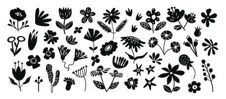 Abstract Floral Set. A collection of black silhouettes featuring various flowers, leaves, and botanical cutout shapes. Perfect for decorative stickers and design projects. vector