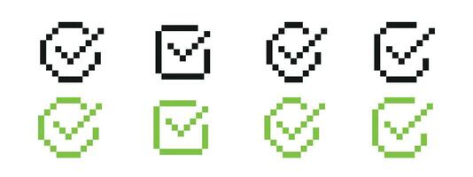 Pixel check box icons with green checkmarks for validation. Includes square and circular checkbox symbols in a minimalistic pixel art style. vector