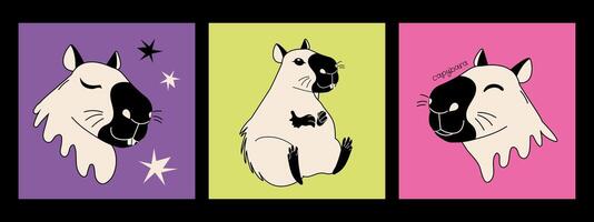 Cute capybaras set of flat portraits in a simple childish style. Three hand drawn isolated illustrations. Perfect for children's designs and fun projects. vector