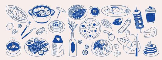 Hand drawn set of various Mediterranean food and drinks. vector