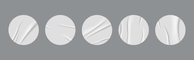 Realistic 3D illustration of white round stickers on a grey background. Set of white round crumpled sticker mockups. Adhesive paper labels with a wrinkled effect. Blank templates for price tags vector