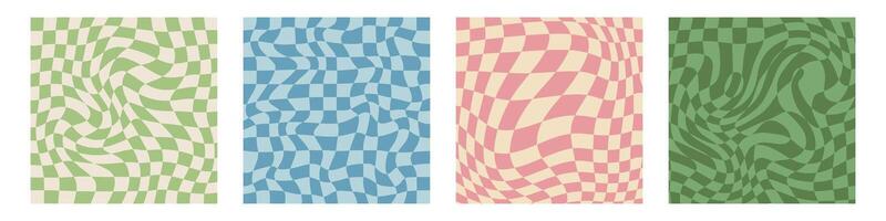 Groovy 70s hippie backgrounds featuring checkerboard,mesh, and wavy patterns.Retro 60s and 70s psychedelic design with a Y2K aesthetic. Gingham wallpaper collection, perfect for print templa vector