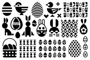 Easter geometric graphic decorations, abstract flat black and white design elements. Easter bunnies, eggs, chicks, patterns isolated on white background. vector