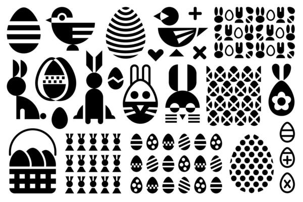 Easter geometric graphic decorations, abstract flat black and white design elements. Easter bunnies, eggs, chicks, patterns isolated on white background.