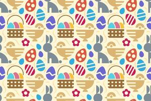 Seamless flat Easter pattern with bunnies, chickens, eggs and baskets. vector