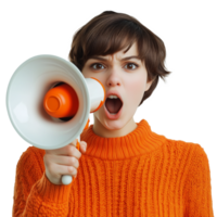 Person Using a Megaphone Communicating with Passion and Urgency in a Bold, Attention-Grabbing Pose png