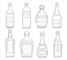 Hand drawn set of alcohol bottles. Half full corcked bottles of different shapes in doodle outlined style for menu, articles, decoration, coloring page. vector