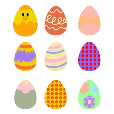 A collection of colorful Easter eggs with unique decorative patterns, including floral, striped, and polka dot designs. Ideal for holiday-themed projects, greeting cards, packaging, textiles