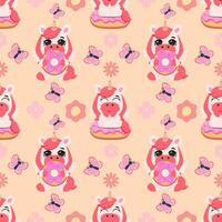 Seamless pattern featuring pink unicorns with donuts, butterflies, and flowers on a soft beige background. Ideal for children products, fabrics, gift wrapping, and greeting cards vector