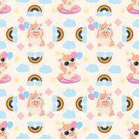 Seamless pattern featuring cute unicorns, rainbows, clouds, and summer elements on a pastel background. Ideal for kids' products, textiles, wallpapers, wrapping paper, and party decorations vector