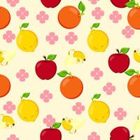 Seamless pattern with fresh fruits including apples, oranges, bananas, and lemons with floral elements on a soft pastel background. Ideal for packaging, textiles, gift wrapping, and kitchen decor vector