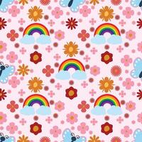 Seamless pattern with rainbows, butterflies, and blooming flowers on a soft pastel background. Perfect for textiles, stationery, gift wrap, and cheerful designs. Bright, joyful, and playful vector