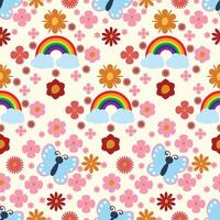 Seamless pattern featuring colorful rainbows, butterflies, and delicate flowers on a light background. Perfect for fabric, wrapping paper, kids' decor, and cheerful designs. Bright and uplifting vector