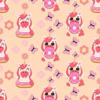 Seamless pattern featuring pink unicorns with donuts, butterflies, and floral elements on a soft pastel background. Perfect for kids' products, textiles, packaging, and whimsical designs vector