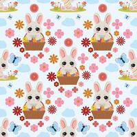Seamless Easter pattern featuring cute rabbits in baskets, flowers, butterflies, and clouds on a light blue background. Ideal for textiles, wrapping paper, greeting cards, and decorations vector