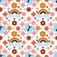Seamless pattern with pastel butterflies, rainbows, and floral elements on a soft beige background. Ideal for wrapping paper, textiles, children designs, and cheerful decorations vector