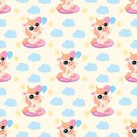 Seamless pattern with a cute summer pig relaxing on a pink inflatable ring, surrounded by fluffy clouds and sunshine. Perfect for kids' textiles, summer decor, wrapping paper, and cheerful prints vector