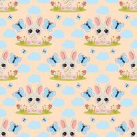 Seamless pattern with adorable bunnies, butterflies, and clouds on a soft pastel background. Ideal for Easter decorations, childrens textiles, wrapping paper, wallpapers, and spring themed projects vector