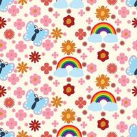 Seamless pattern with colorful rainbows, butterflies, and flowers on a light background. Ideal for kids designs, textiles, wallpapers, and cheerful stationery, adding a dreamy, vibrant touch vector