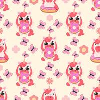Seamless pattern featuring pink unicorns with donuts and butterflies on a soft pastel background. Perfect for children products, textiles, gift wrap, and festive designs vector
