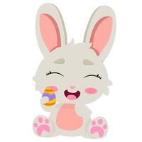 Happy Easter bunny holding a colorful egg with a joyful expression. Perfect for greeting cards, festive decorations vector