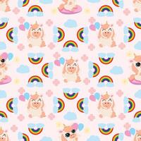 Seamless pattern with cute unicorns, summer elements vector