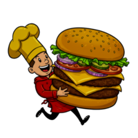 Cartoon chef happily carrying a giant burger in a fun and colorful illustration of transferred background png