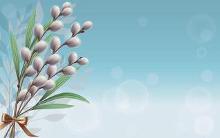Floral background with spring willow branch and green leaves bouquet. Golden bow. Bokeh effect. Greeting card. Botanic theme. vector