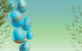 Floral background with spring green leaves. Happy Easter banner with hovering falling blue and golden eggs. Greeting card. Botanic theme. vector