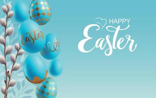 Floral background with spring willow branch. Happy Easter banner with hovering falling blue and golden eggs. Greeting card. Botanic theme. vector