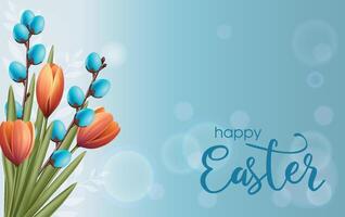 Floral background with spring willow blue eggs branch, oranges tulips bouquet. Bokeh effect. Happy Easter text. Greeting card. Botanic theme. vector