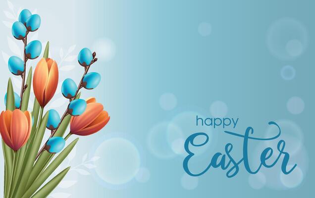 Floral background with spring willow blue eggs branch, oranges tulips bouquet. Bokeh effect. Happy Easter text. Greeting card. Botanic theme.