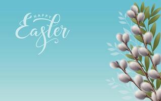 Floral background with spring willow branch and green leaves bouquet. Happy Easter text. Greeting card. Botanic theme. vector
