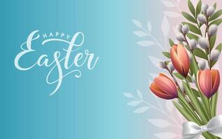 Floral background with spring willow branch, oranges tulips and green leaves bouquet. White bow. Happy Easter text. Greeting card. Botanic theme. vector