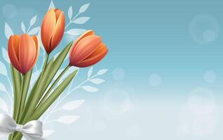 Floral background with spring oranges tulips bouquet. Bokeh effect. White bow. Greeting card. Botanic theme. vector