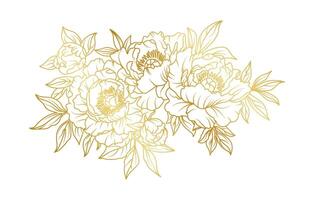 Golden peony flowers line art isolated white background. Luxury peony floral design elements for invitation, wedding, wallpaper, print template, illustration vector
