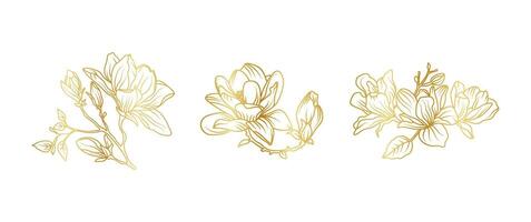 Luxury gold magnolia flowers background. Floral pattern tropical in line art style for greeting, invitation, wedding card, wall art, wallpaper print. illustration vector