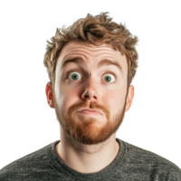 Surprised Young Man with Curly Hair and Beard in Gray Sweater png