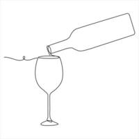 Wine bottle and wine glass drawing with one continuous line drawing illustration vector
