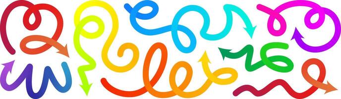 Arrow gradation, squiggly gradient line set. Curved carnival change icon. Rise pattern, doodle shape brush element. 3d dynamic multi colored curly loop spiral strokes. Abstract twirl bold paint vector