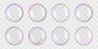 Translucent soap foam balls in air. 3D iridescent rainbow spheres and textured circles float on white . Glass plastic mirror reflections on big bath bead. Shiny pastel blown day-dreaming bubbles vector
