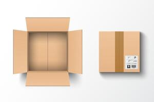 Empty open and closed cardboard box. Isolated on white background, illustration vector