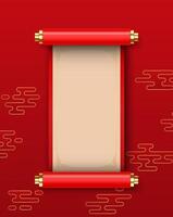3D Chinese scroll, banner kit, red festive royal asian game UI traditional design element. Luxury celebration China background, spring floral print, silk banner. illustration vector