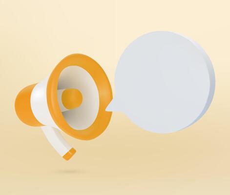 3D yellow and white colored megaphone speaker with speech bubble, illustration
