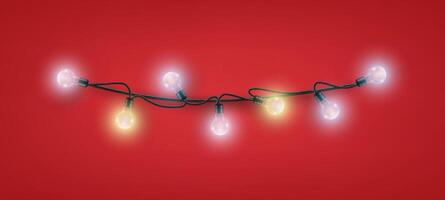 Christmas ornaments bright light garlands. Xmas decoration string light garland multicolored. Bulb lamp on red ribbon for the new year. illustration vector