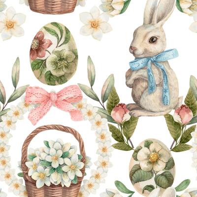 Easter seamless pattern with cute bunny and flower basket on the white background. Hand drawn watercolor design in vintage style. Art print ideal for wallpaper. Perfect for holiday fabric and paper.