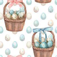Easter seamless pattern with quail egg basket on the white background. Hand drawn watercolor staggered design in vintage style. Cute print ideal for wallpaper. Perfect for holiday fabric and paper. vector